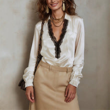 Load image into Gallery viewer, Women's V-Neck Black Lace Patchwork Lantern Sleeve Blouse
