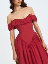 Load image into Gallery viewer, Xavy Crimson Off-Shoulder Corset Midi Dress