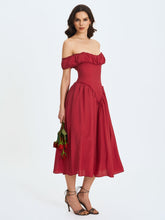 Load image into Gallery viewer, Xavy Crimson Off-Shoulder Corset Midi Dress