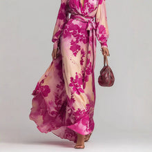 Load image into Gallery viewer, Women's Printed Chiffon Long Sleeve V-Neck Tie-Up Maxi Dress — Floral Fairy Dress