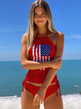 Load image into Gallery viewer, American Flag Halter Tankini Set – Red Patriotic Two-Piece Swimsuit