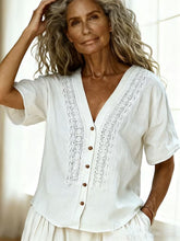 Load image into Gallery viewer, Women's Loose-Fit Faux Linen Embroidered Button-Up Top