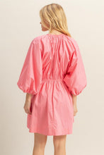 Load image into Gallery viewer, Plunge Balloon Sleeve Poplin Mini Dress with Pockets –Bold, Chic, Sexy and Trendy Plunge Neckline Dress with Balloon Sleeves and Functional Pockets