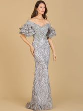 Load image into Gallery viewer, Off Shoulder Mermaid Beaded Gown with Tiered Sleeves