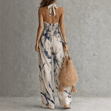 Load image into Gallery viewer, Apricot Ink Print Halter Neck Wide Leg Jumpsuit with Pockets