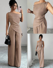 Load image into Gallery viewer, One-Shoulder Asymmetric Top & Wide-Leg Pants 2-Piece Set – Women's Elegant Co-ord Suit