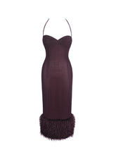 Load image into Gallery viewer, Pluma Maroon Halter Faux-Fur Trimmed Midi Dress