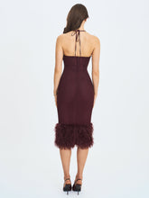 Load image into Gallery viewer, Pluma Maroon Halter Faux-Fur Trimmed Midi Dress