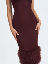 Load image into Gallery viewer, Pluma Maroon Halter Faux-Fur Trimmed Midi Dress