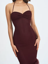 Load image into Gallery viewer, Pluma Maroon Halter Faux-Fur Trimmed Midi Dress