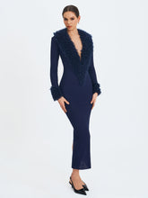 Load image into Gallery viewer, Romina Navy Plunging Fur Trimmed Crochet Maxi Dress