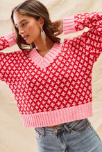 Load image into Gallery viewer, SO ME Color Block Textured Christmas Sweater V Neck Top