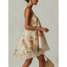Load image into Gallery viewer, Women's Floral Print Spaghetti Strap Ruffle Neck Layered Lace Hem Mini Dress