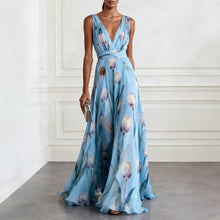 Load image into Gallery viewer, Tulip Print V-Neck Sleeveless Maxi Dress – Floral Chiffon
