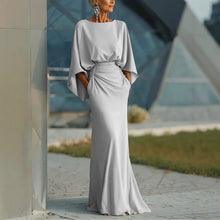 Load image into Gallery viewer, Women's Elegant Backless Pleated Batwing Sleeve Maxi Dress — Silver Mermaid Gown