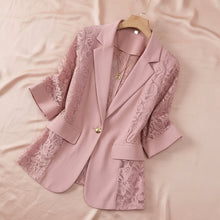 Load image into Gallery viewer, Women's Lace Patchwork Blazer | Three-Quarter Sleeve One-Button Suit Jacket in White & Black