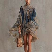 Load image into Gallery viewer, Navy Blue Printed Puff Sleeve Stand Collar Dress – Loose Boho Asymmetric Hem Dress for Women