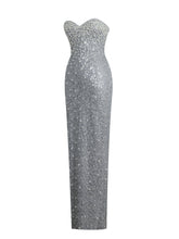 Load image into Gallery viewer, Noelle Silver Sequin Pearl-Embellished Sweetheart Maxi Dress