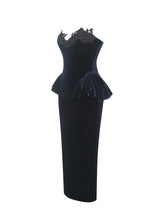 Load image into Gallery viewer, Pascha Black Lace Appliqué Strapless Peplum Midi Dress