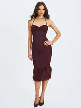 Load image into Gallery viewer, Pluma Maroon Halter Faux-Fur Trimmed Midi Dress