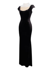 Load image into Gallery viewer, Rachael Black Velvet Pearl Embellished Gown