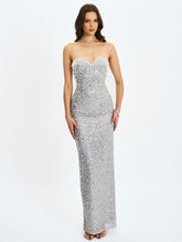 Load image into Gallery viewer, Noelle Silver Sequin Pearl-Embellished Sweetheart Maxi Dress