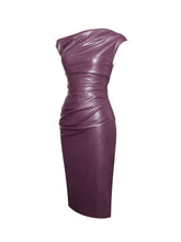 Load image into Gallery viewer, Sabina Purple Leather Slash Neck Midi Dress