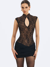 Load image into Gallery viewer, Valerie Black Lace Teardrop Neckline Ruched Mini Dress
