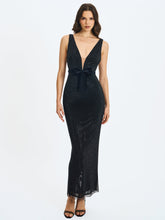 Load image into Gallery viewer, Olympia Black Belted Bow Plunging Rhinestone Maxi Dress