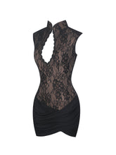 Load image into Gallery viewer, Valerie Black Lace Teardrop Neckline Ruched Mini Dress