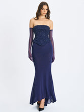 Load image into Gallery viewer, Orabelle Navy Beaded Peplum Mermaid Maxi Gown with Lace-up Back