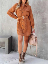 Load image into Gallery viewer, Stylish Button Front Belt Long Sleeve : Corduroy Dress