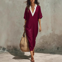 Load image into Gallery viewer, Women's V-Neck Loose Cropped-Sleeve Linen Midi Dress with Pockets