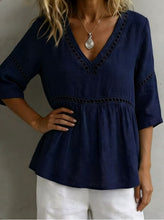 Load image into Gallery viewer, Women's V-Neck Hollow-Out Fringe Cotton-Linen Top