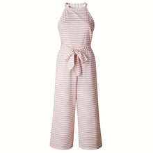 Load image into Gallery viewer, Women's Striped Halter Neck Jumpsuit with Self-Tie Belt & Wide-Leg Crop