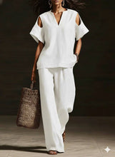 Load image into Gallery viewer, V-Neck Short Sleeve Top & Straight-Leg Pants Set – Ripped Detail, Pockets, Solid Color