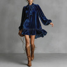 Load image into Gallery viewer, Women’s Bow-Tie Puff Sleeve Dress – Elegant Asymmetric Ruffle Hem Short Dress