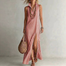 Load image into Gallery viewer, Striped Stand Collar Side-Slit Sleeveless Maxi Dress – A-Line Cami