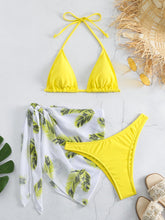 Load image into Gallery viewer, Feather Luxe 3-Piece Bikini Set – Exotic Feather Print Halter Neck Backless Swimsuit with High Cut Tie Back Bottoms and Wrap Cover-Up – Women’s High-Stretch Comfortable Swimwear for Summer Beach & Pool Vacations