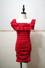 Load image into Gallery viewer, Women Black Off Shoulder Ruched Layered Ruffles Bodycon Dress