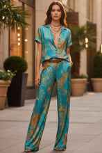 Load image into Gallery viewer, Women's Marble Swirl Print Satin-Look Short Sleeve Shirt & Wide-Leg Pants Resort Set