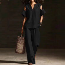 Load image into Gallery viewer, V-Neck Short Sleeve Top & Straight-Leg Pants Set – Ripped Detail, Pockets, Solid Color
