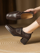 Load image into Gallery viewer, Women's British Style Square Toe Chunky Heel Pumps – Deep Vamp Studded
