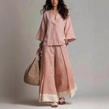 Load image into Gallery viewer, Women's Cotton-Linen V-Neck 3/4 Sleeve Shirt & Wide-Leg Pants Set