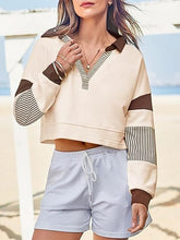 Load image into Gallery viewer, Color‑Block Cropped Polo V‑Neck Sweatshirt