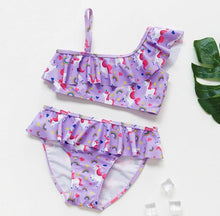 Load image into Gallery viewer, 3-16Y Cartoon Two-piece Girls Swimwear Ruffle Swimsuit Bikini Set One Shoulder Beachwear Princess Two Piece Bathing Suit Children Swimwear Girls Swimsuit Bikini Set