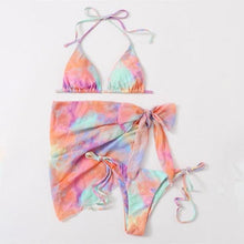 Load image into Gallery viewer, 3 Piece Women Bikini Modern Swimsuit Women High Cut Suit Halter Swimwear Women's Bikini Swimsuits With Wrap Skirt Lace Up Pieces Strings High Cut Bikini Set Bathing Suits Female Triangle Backless Bathing Suit