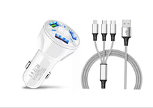 Load image into Gallery viewer, 3 Port Fast LED White Car Charger + 3 in 1 Cable Combo