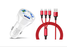 Load image into Gallery viewer, 3 Port Fast LED White Car Charger + 3 in 1 Cable Combo