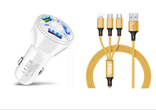Load image into Gallery viewer, 3 Port Fast LED White Car Charger + 3 in 1 Cable Combo